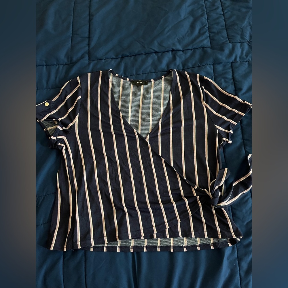 Mine Navy and White Striped Wrap Blouse